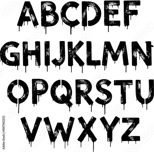 Bold letters of the alphabet are designed with a dripping effect, showcasing a creative and artistic flair. This graphic can enhance various creative endeavors and projects.