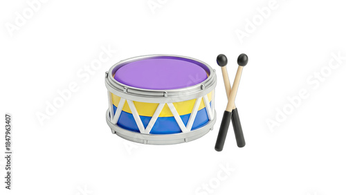 Colorful Drum and Drumsticks on White Background