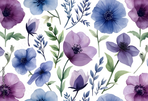 Beautiful arrangement of various blue and purple flowers with green leaves, emphasizing a vibrant spring atmosphere. Ideal for decorative design and artistic inspiration.