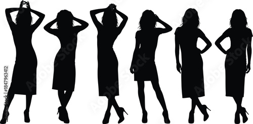 Women Fashion Silhouettes Set, Elegant Female Poses, Stylish Dresses, High Heels, Confidence and Beauty Concept, Black Vector Illustration Collection