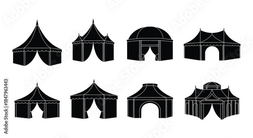 Variety of tent and building silhouettes in a simple black and white style