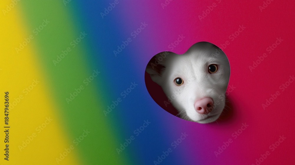 Fototapeta premium White puppy peeking through heart-shaped cutout in colorful rainbow background