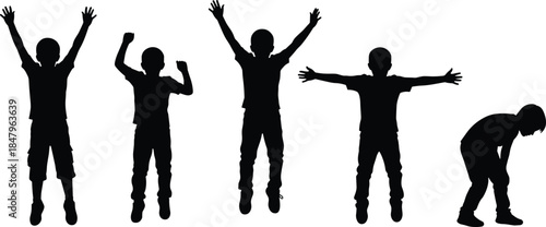 Child silhouette poses, jumping gesture, expressive motion, black figure, minimal design, body language, playful stance, physical activity, youth movement, emotion