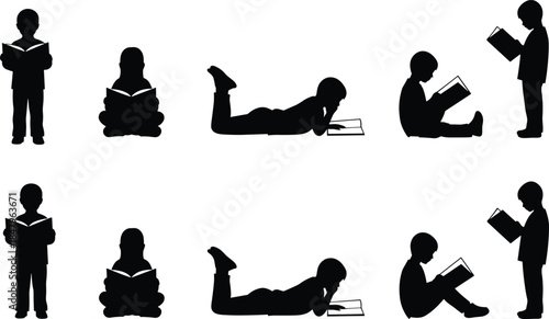 Children reading silhouettes, black figures, sitting and standing pose, book lovers, minimal design, literacy theme, study posture, learning activity, education concept