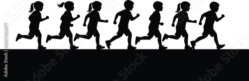 Children running silhouettes, black figures, motion posture, playful gesture, minimal design, youth activity, physical movement, group energy, outdoor action, speed