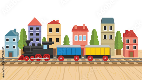 Colorful toy train travels through a charming stylized town with simple geometric buildings and lush green trees.