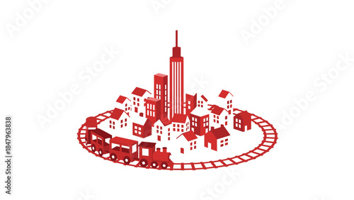 Charming red illustration depicts a miniature city skyline with a circular train track running around it, evoking a nostalgic feel.