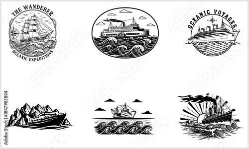 Oceanic Voyager Emblems: A collection of meticulously crafted emblems, each showcasing diverse vessels navigating the vast ocean, capturing the essence of maritime adventure and exploration.