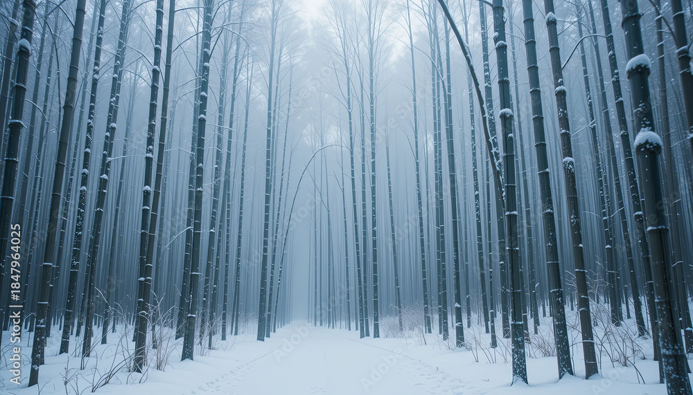 Fototapeta premium Snow covers a narrow path through tall trees in a foggy winter forest