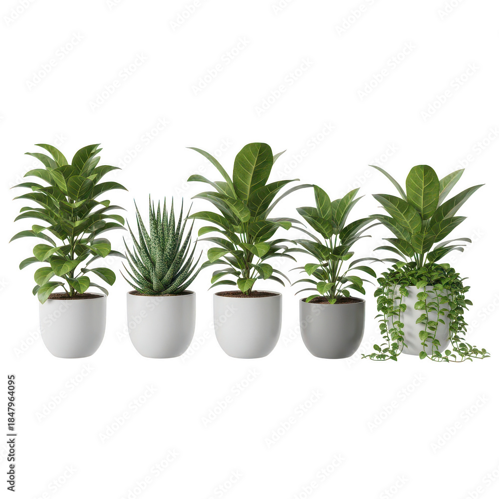 Fototapeta premium A row of various potted plants, including a snake plant, arranged in a line, isolated on transparent background, creating a serene and natural indoor garden scene