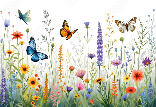 A variety of butterflies dance gracefully over a diverse array of blooming wildflowers. The colorful display of flora showcases springs beauty in a sunny meadow, creating a lively atmosphere.