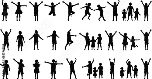 Children silhouettes in playful poses, jumping, dancing, holding hands, joyful movement, black vector, isolated, expressive, active, fun, childhood, energy