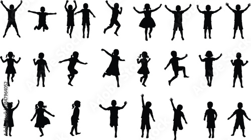 Children silhouettes in playful poses, jumping, dancing, celebrating, raising arms, black vector, isolated, expressive, active, fun, joyful, energetic, diverse