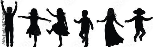 Children silhouettes playing, dancing, skipping, joyful kids, expressive poses, childhood fun, black figures, white background, active movement, happy moments, carefree youth