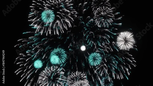 inematic animation, silent abstract fireworks made of fine white and cyan light filamen