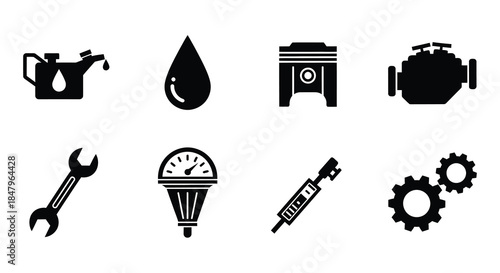 Essential automotive engine components and tools illustrated in a black and white style