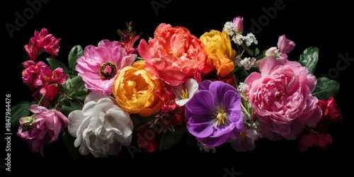 Vibrant Floral Arrangement: A Stunning Display of Colorful Roses on a Dark Canvas
