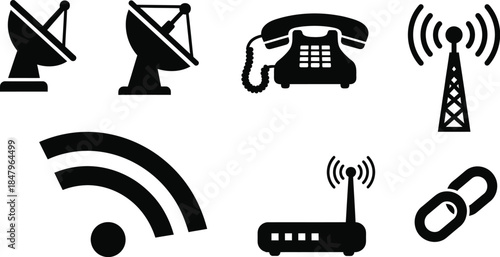 Communication technologies and equipment with a satellite dish, an antenna, a corded telephone, and a Wi-Fi signal indicator vector illustration silhouette. 