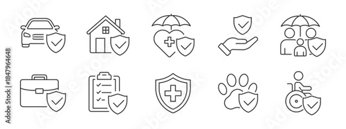Insurance Protection Icon Set, Vehicle, Property, Medical, Family and Business Safety Symbols, Shield and Check Mark Security Concept, Vector Illustration