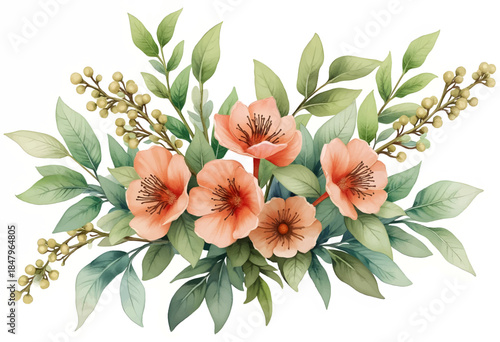 A vibrant floral display showcases pink blossoms surrounded by lush green leaves and delicate berries, perfect for décor or celebration settings.