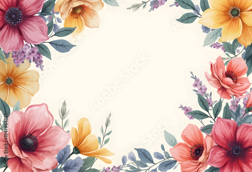 A decorative border features a variety of vibrant flowers in pastel colors. The arrangement creates a cheerful and inviting frame on a light background.