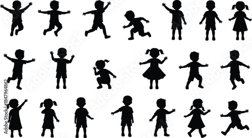 Children silhouettes, playful poses, jumping kids, running figures, dancing motion, black shapes, minimal design, childhood activity, energetic movement, fun gesture