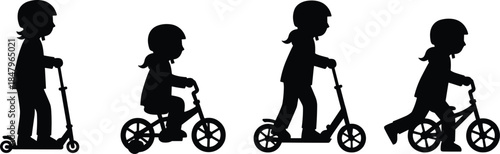 Children silhouettes, scooter, bicycle, training wheels, helmets, mobility, balance, outdoor play, black figures, motion, development, fun, learning, growth, safety