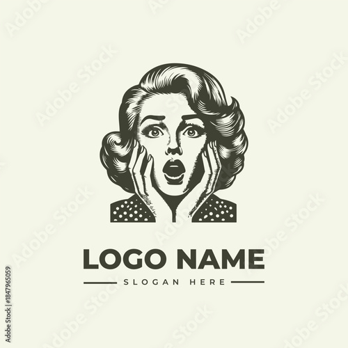 A monochromatic illustration of a shocked woman with her hands on her face, featuring a logo name and slogan on a plain background.