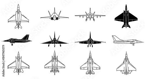 Collection of Fighter Jet Silhouettes and Outlines.
