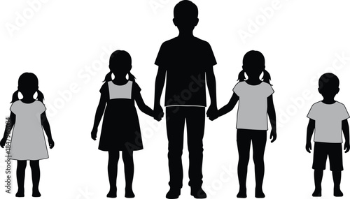 Children silhouettes, standing in row, black figures, hand holding, height variation, minimal design, unity concept, family bond, childhood posture, group symmetry
