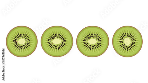 Four vibrant kiwi slices are displayed in a row, showcasing their unique texture and refreshing green color, perfect for healthy eating.