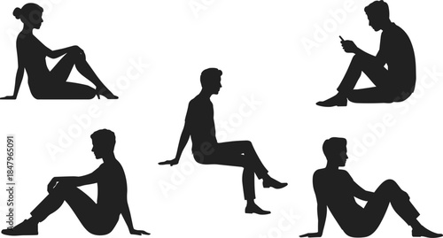 Silhouettes of Five People Sitting in Various Poses on White Background person woman