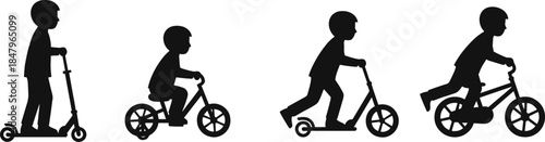 Children silhouettes, scooter, tricycle, bicycle, mobility stages, outdoor play, black figures, childhood development, independence, motion, activity, learning, fun, growth
