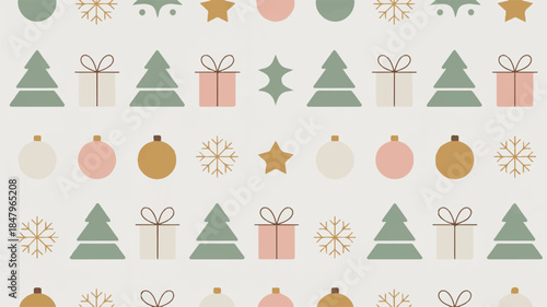 Charming Holiday Pattern A Festive Array of Christmas Trees, Ornaments, and Gift Boxes in a Repeating Seamless Design