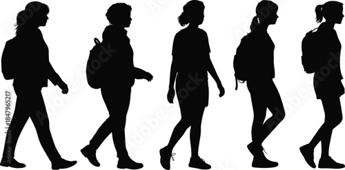 Silhouettes of Five Women Walking with Backpacks on White Background Keywords: silhouette, woman, walking, person, female, girl