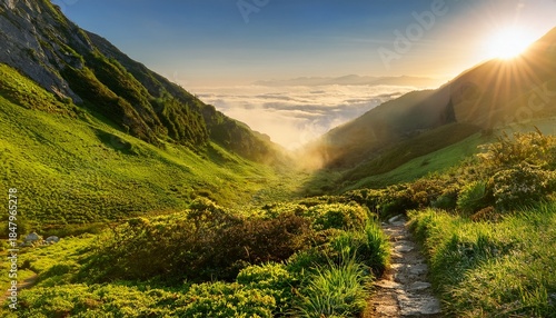 misty mountain valley entrance with lush greenery and golden sunlight