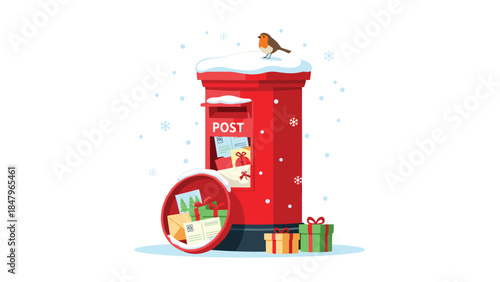 Festive red postbox overflows with christmas letters and gifts, topped with a cheerful robin in a winter wonderland scene.
