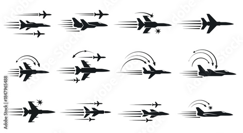 Military Aircraft Flying in Formation Silhouettes.
