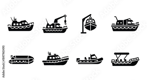 Collection of various boats and maritime vessels in simple black and white style