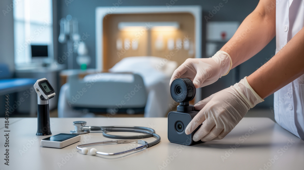 Fototapeta premium Medical and Technology. A healthcare professional is assembling a medical device in a hospital setting, with various tools laid out on a table.