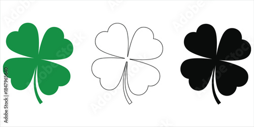 Three Clover Leaf Symbols Green Outline And Black Silhouette shamrock luck