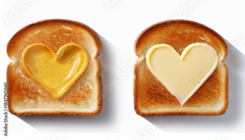 heart shaped butter on toasted bread isolated on a white background