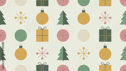 A festive repeating pattern design of stylized Christmas ornaments, snowflakes, gift boxes, and trees on a soft beige background