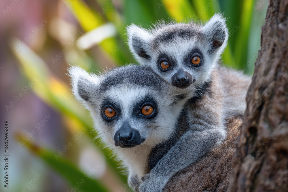 Naklejka premium Close-up of two ring-tailed lemurs on a tree