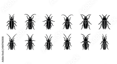 A collection of black silhouette cricket and cockroach insect icons