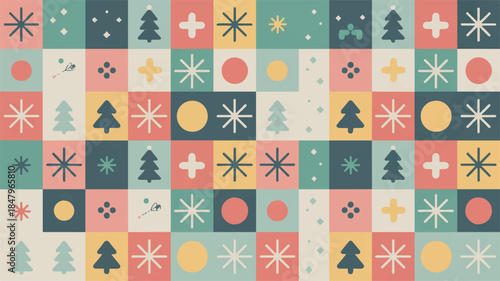 Festive Geometric Pattern with Winter Symbols and a Soft Color Palette, Ideal for Holiday Decorations and Greeting Cards