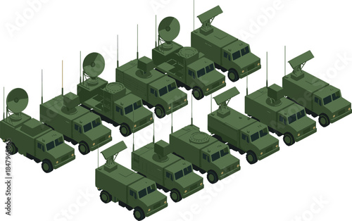 Military communication vehicles vector illustration — army radar trucks and mobile command units in isometric design