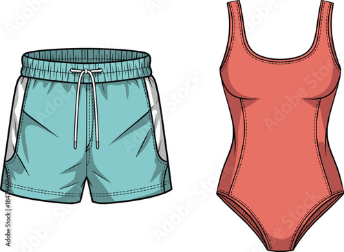 Teal athletic shorts and coral one-piece swimsuit on white background swim shorts drawstring