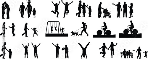 Collection of Diverse Family Activities Silhouettes Including Parents, Children, and Couples Engaging in Play, Sport, Cycling, Swings, Dog Walking, and Joyful Outdoor Recreation Moments.