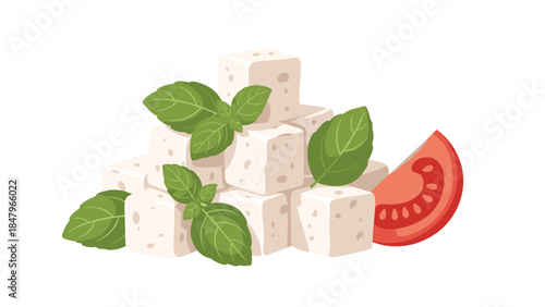 Fresh feta cheese cubes are beautifully arranged with vibrant basil leaves and a juicy tomato slice, creating a delicious mediterranean appetizer.